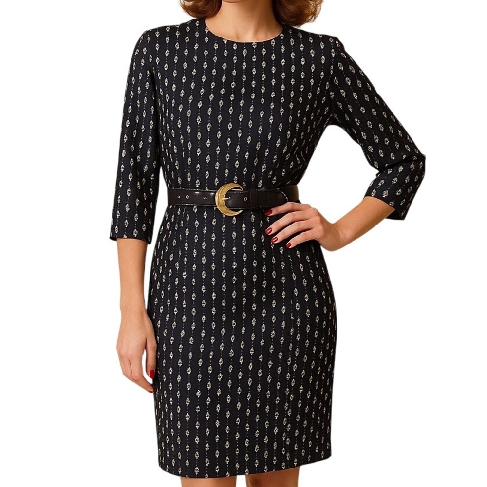 Vintage ILGWU Union Made Black White Geometric Print Belted Sheath Dress 3/4 Slv